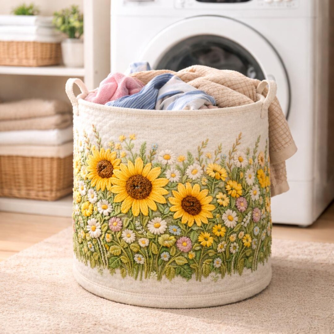 Sunflower Wildflower Quilted Laundry Basket, Floral Storage Bin ...
