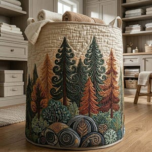 May include: A large, round laundry hamper with a quilted forest scene design. The hamper features a cream-colored background with embroidered trees in shades of green, brown, and orange. The hamper is filled with folded towels and has two handles.