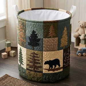 Rustic Forest Patchwork Quilted Laundry Basket: Woodland Trees Bear Fabric Hamper, Gifts For Grandma