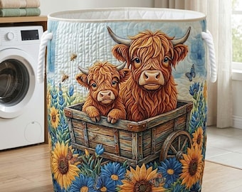 Cesto de ropa acolchado con diseño de vaca de las Tierras Altas: Cesto de ropa estilo granja con girasoles, regalo para amantes de las vacas.