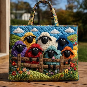 Colorful Sheep Quilted Tote Bag, Farm Animal Patchwork Tote, Cute Cottagecore Shoulder Bag, Quilted Fabric Handbag Gift For Her