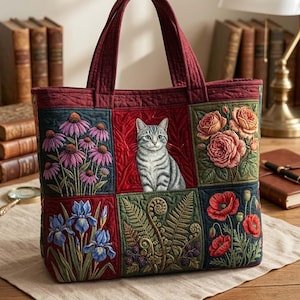 May include: Quilted tote bag with a patchwork design featuring a gray tabby cat, flowers, and foliage. The bag has burgundy handles and a matching border. The squares showcase detailed floral and animal illustrations, creating a unique and artistic accessory.