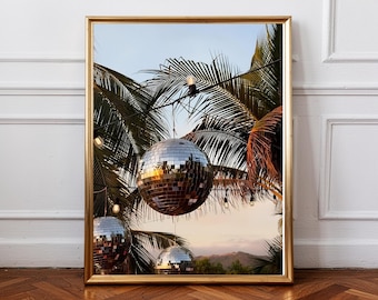 Disco Ball Palm Tree Poster, Tropical Sunset Wall Art, Retro Summer Aesthetic Print, Modern Vacation Decor, Trendy Boho Gallery Wall Artwork