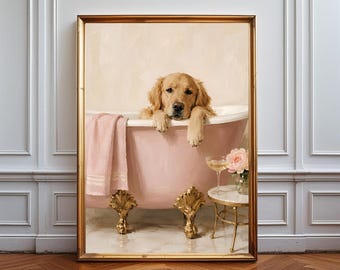Poster Golden retriever, art mural de salle de bain pour chien, décoration fantaisiste pour animal de compagnie, impression d'illustration de chien mignon, affiche d'animal de bain, affiche de chien drôle,