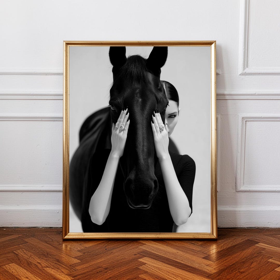 Black Horse Wall Art Print, Woman and Horse Photography, Elegant ...