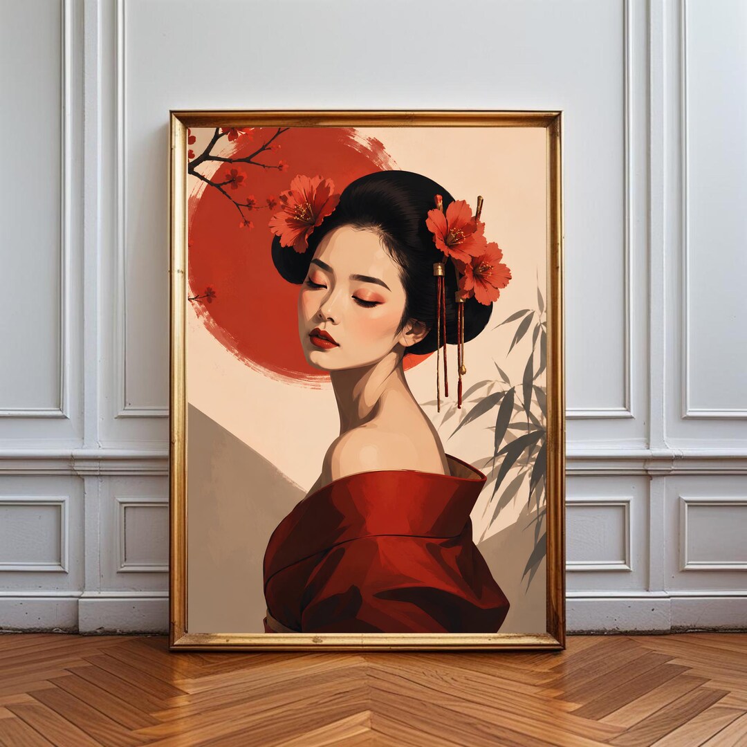 Japanese Inspired Floral Wall Art Print, Elegant Red Portrait Poster ...