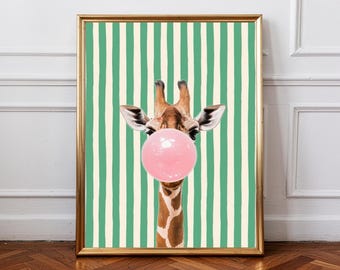 Giraffe Poster, Pop Art Animal Wall Art, Playful Kids Room Decor, Modern Nursery Print, Funny Giraffe Bubble Gum, Kitchen, Bedroom, animal