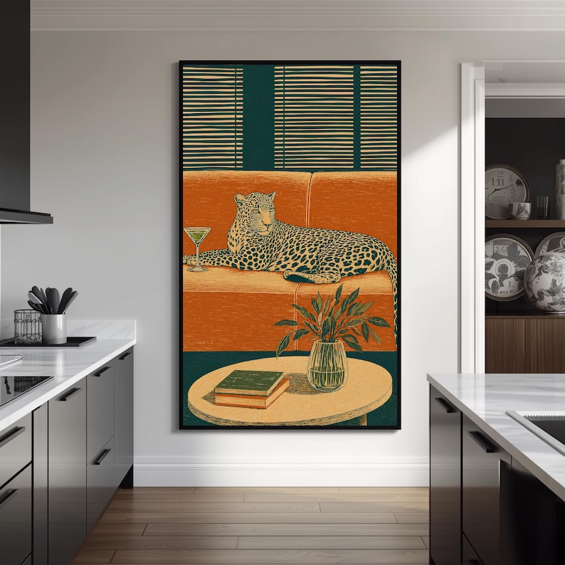 Leopard Living Room Wall Art Print Vintage Animal Poster Elegant Big Cat Interior Illustration Decor Retro Lounge Wildlife Artwork Botanical image 9