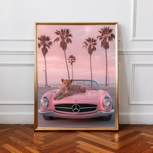 Leopard car wall art Poster, pink vintage convertible poster, palm tree sunset print, tropical luxury animal decor, modern aesthetic artwork