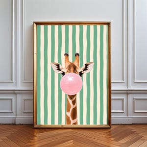 Giraffe Poster, Pop Art Tierwandkunst, spielerische Kinderzimmerdekoration, modernes Kinderzimmer, lustige Giraffe Bubble Gum, Küche, Schlafzimmer, Tier