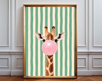 Affiche girafe, art mural animalier pop art, décoration de chambre d'enfant ludique, impression de chambre d'enfant moderne, bubble-gum girafe rigolote, cuisine, chambre à coucher, animal
