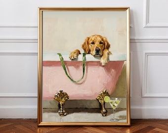 Golden Retriever Poster,  Dog Bathroom Wall Art, Whimsical Pet Decor, Cute Dog Illustration Print, Bath Animal Poster, funny dog poster,