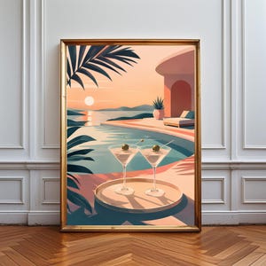 Poolcocktailposter, väggkonst med sommardryck, lyxig pooldekor, minimalistisk blå estetisk modern livsstilskonstverk för vardagsrum