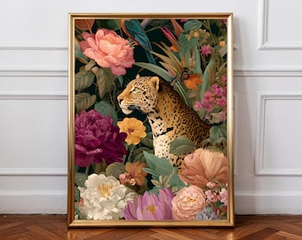 Djurposter, leopardblommig väggkonst, djungeldjurstryck, botanisk leopardposter, tropisk blomsterdekor, exotiskt djurlivskonstverk,