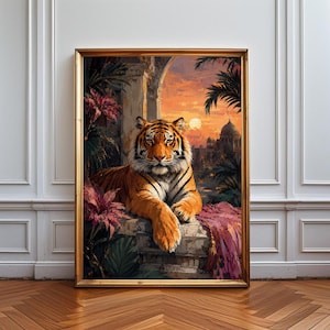 May include: A framed wall art print featuring a tiger resting on a stone ledge amidst tropical foliage. The background displays an architectural structure under a sunset sky with a prominent sun. The tiger has orange fur with black stripes.