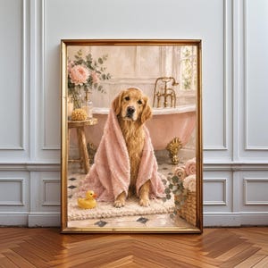 Golden Retriever Bathroom Wall Art, Cozy Dog Bathroom Decor Print, Cute Puppy Spa Poster, Whimsical Pet Wall Art, Cottage Bathroom Artwork