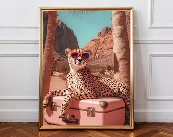 Djurposter, väggkonst med gepard-solglasögon, djurtryck i öknen, poster med rosa resväska, snygg leopardkonstverk, modern tropisk resedekor