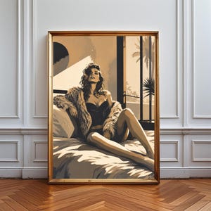 Moody Fashion Wall Art, Glamour Woman Portrait Print, Neutral Beige Black Decor, Modern Bedroom Art, Chic Feminine Home Decor Contemporary