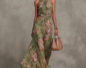 Elegante vestido largo de noche con escote halter y estampado floral para mujer.