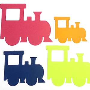 May include: Four flat paper cutouts in the shape of steam locomotives. The set includes one large red train, one smaller orange train, one dark blue train, and one lime green train. Each cutout features a simple silhouette design with wheels.