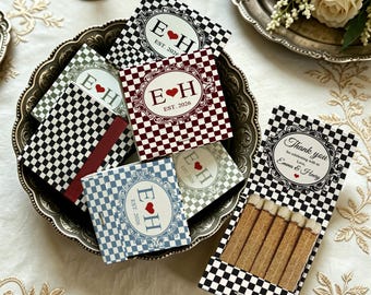 Personalized Checkerboard Wedding Matchbooks, Custom Matches with Initials and Date, Vintage Monogram Wedding Favors, Engagement Party Decor