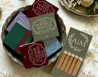 Personalized Sage Green Wedding Matchbooks, Custom Botanical Monogram Matches, The Perfect Match Favors, Bulk Wedding Guest Gifts