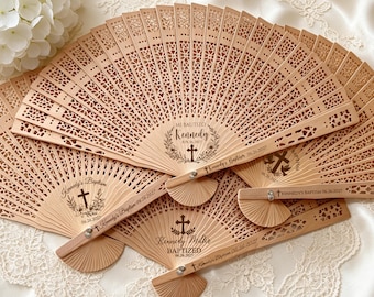 Custom Christening Wooden Folding Fans, Personalized Baptism Favors, Religious Guest Gifts with Name and Date, Church Ceremony Keepsakes