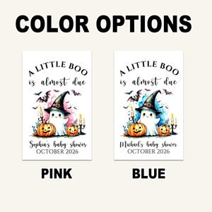 May include: Two rectangular signs with the text A LITTLE BOO is almost due, featuring a ghost wearing a witch hat, pumpkins, bats, and candles. One sign has pink watercolor accents and says Sophia's baby shower, the other has blue accents and says Michael's baby shower, both dated OCTOBER 2026.