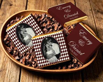 Personalized Wedding Chocolate Favors for Guests, Burgundy Diamond Pattern Mini Chocolates, Custom Photo Party Favors in Bulk