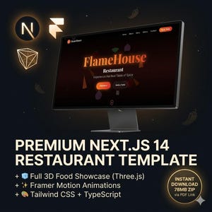 Könnte beinhalten: Ein Computermonitor zeigt die Benutzeroberfläche einer Website für "FlameHouse Restaurant". Der Bildschirm hat einen dunklen Hintergrund mit orangefarbenem Text und Grafiken. Das Bild enthält auch den Text "PREMIUM NEXT.JS 14 RESTAURANT TEMPLATE."