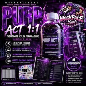 May include: An advertisement for "Purp Act 1:1" purple grape berry blend syrup, presented as a digital e-book. The image shows a syrup bottle, a beaker, and a tablet displaying recipe details. The design uses purple and white text and graphics.