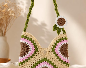 Crochet Crossbody Bag | Floral Granny Square Purse | Handmade Flower Shoulder Bag
