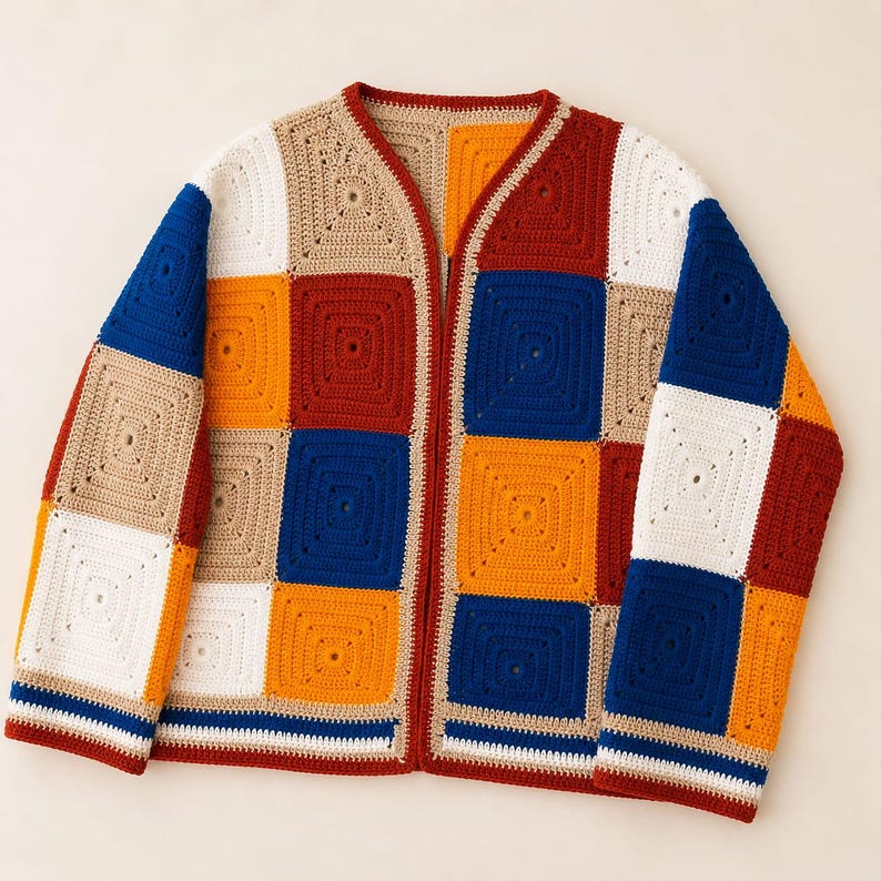 K&ouml;nnte beinhalten: Eine lang&auml;rmelige Strickjacke aus mehreren quadratischen H&auml;kelaufn&auml;hern in einer lebendigen Farbpalette aus K&ouml;nigsblau, Senfgelb, Terrakotta-Rot, Beige und Wei&szlig;. Das Kleidungsst&uuml;ck hat einen V-Ausschnitt und einen geraden Saum mit Streifendetails.