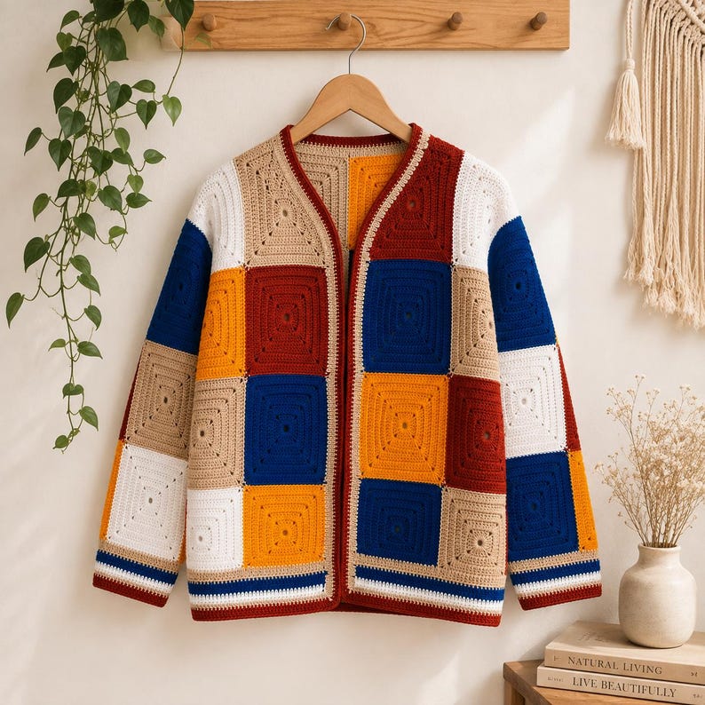 K&ouml;nnte beinhalten: Eine lang&auml;rmelige Strickjacke aus mehrfarbigen H&auml;kel-Granny-Squares in den Farben Dunkelrot, leuchtendes Blau, Senfgelb, Wei&szlig; und Beige. Das Kleidungsst&uuml;ck hat einen V-Ausschnitt, eine offene Vorderseite und einen gestreiften Saum in Blau und Wei&szlig;.