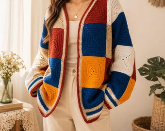 Boho Granny Square Cardigan Crochet Pattern | Colorful Patchwork Sweater (Digital Download)