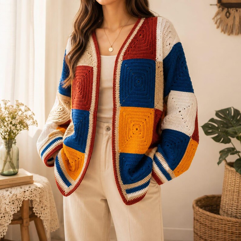 K&ouml;nnte beinhalten: Eine lang&auml;rmelige Strickjacke aus geh&auml;kelten Granny Squares im Patchwork-Muster. Das Kleidungsst&uuml;ck besticht durch eine lebendige Farbpalette aus Dunkelrot, leuchtendem Blau, Senfgelb und Creme, mit V-Ausschnitt und offenem Vorderteil.