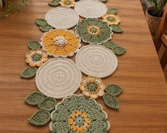 Boho Floral Crochet Table Runner Pattern, Motif flower, Easy Crochet (PDF Download)