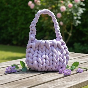 May include: A lavender-colored, chunky knit handbag with a braided handle sits on a wooden table. The bag is made of thick, soft yarn. Sprigs of purple flowers and green leaves are arranged near the bag.