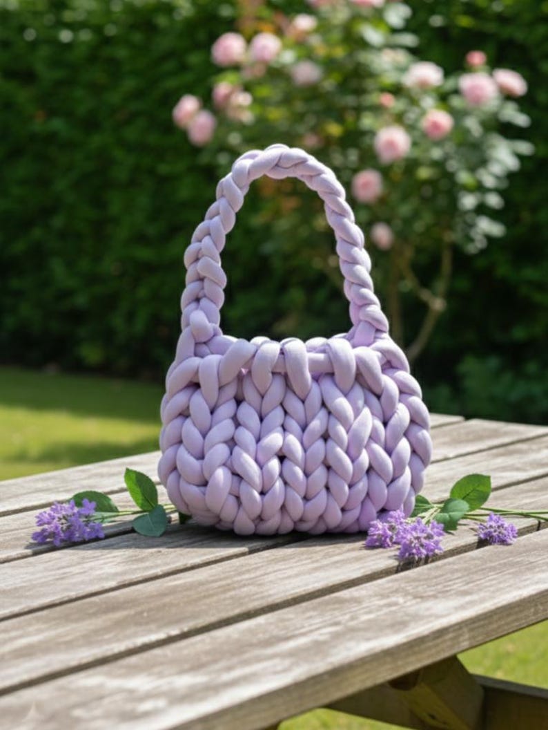 May include: A lavender-colored, chunky knit handbag with a braided handle sits on a wooden table. The bag is made of thick, soft yarn. Sprigs of purple flowers and green leaves are arranged near the bag.