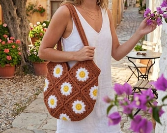 Daisy Crochet Bag Pattern, Boho Granny Square Tote Tutorial (Digital Download)