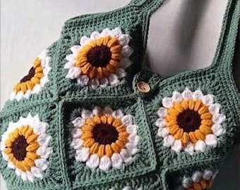 Sunflower Granny Square Crochet Bag Pattern | Boho Floral Tote (PDF Download)