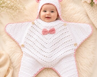 Crochet Baby Star Cocoon Pattern | Bear-Ear Hood, Pink Edging (PDF)