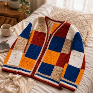 K&ouml;nnte beinhalten: Eine lang&auml;rmelige Strickjacke aus mehrfarbigen H&auml;kel-Granny-Squares in den Farben Dunkelrot, leuchtendes Blau, Goldgelb und Creme. Das Kleidungsst&uuml;ck hat einen V-Ausschnitt, eine knopflose Vorderseite und gerippte &Auml;rmelb&uuml;ndchen mit Streifendetails.