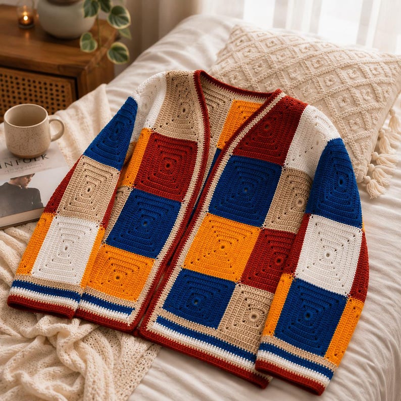 K&ouml;nnte beinhalten: Eine lang&auml;rmelige Strickjacke aus mehrfarbigen H&auml;kel-Granny-Squares in den Farben Dunkelrot, leuchtendes Blau, Goldgelb und Creme. Das Kleidungsst&uuml;ck hat einen V-Ausschnitt, eine knopflose Vorderseite und gerippte &Auml;rmelb&uuml;ndchen mit Streifendetails.