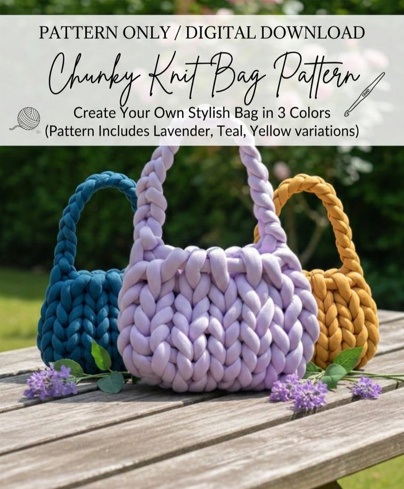 May include: Three chunky knit bags in teal, lavender, and yellow sit on a wooden surface. The bags have braided handles and are made from thick yarn. The text at the top reads "Chunky Knit Bag Pattern" and "Create Your Own Stylish Bag in 3 Colours".