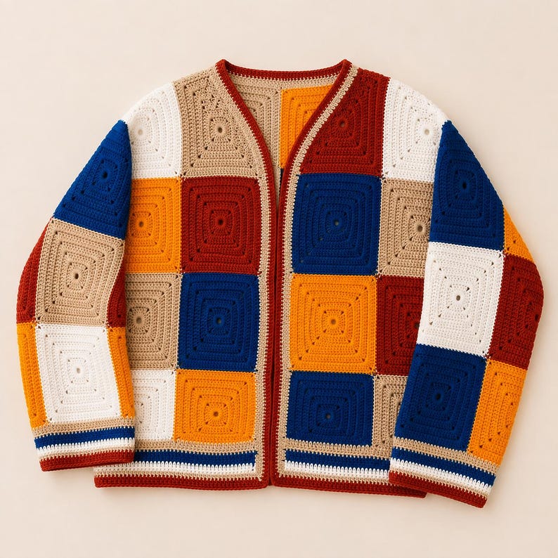 K&ouml;nnte beinhalten: Eine lang&auml;rmelige Strickjacke aus mehrfarbigen H&auml;kel-Granny-Squares in den Farben Dunkelrot, leuchtendes Orange, K&ouml;nigsblau, Beige und Wei&szlig;. Das Kleidungsst&uuml;ck hat einen V-Ausschnitt, eine offene Vorderseite und gerippte B&uuml;ndchen mit Streifen.
