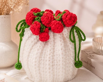 Rose Bouquet Crochet Drawstring Bag Pattern | Floral Bucket Bag Tutorial (PDF Download)