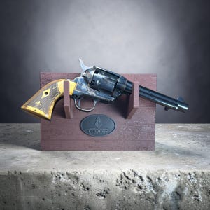 May include: A metallic revolver with a dark blue-grey finish and a light-coloured grip featuring a diamond pattern and fleur-de-lis detail. The firearm rests on a brown rectangular stand with a central oval plaque displaying the word COWBOY.