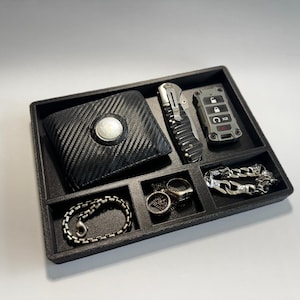 Bandeja organizadora de fibra de carbono negra para cartera, llaves, reloj y joyas.