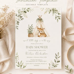 May include: Baby shower invitation template with a watercolor design. The invitation features a deer in a teepee, greenery, and the text "Baby Shower." The template is editable and available for instant download.
